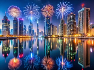 Dubai Business Bay Fireworks Night Spectacular: Stunning Aerial View of New Year's Eve Celebration