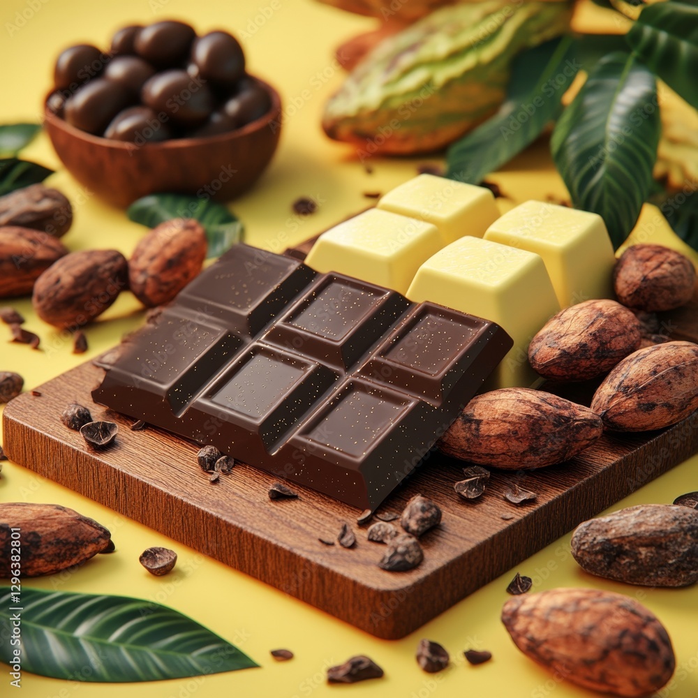 Poster 3d render of cacao butter and cocoa beans on vibrant background