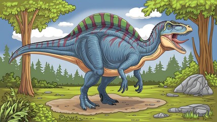 Cartoonish illustration of a spinosaurus dinosaur in a lush prehistoric forest setting