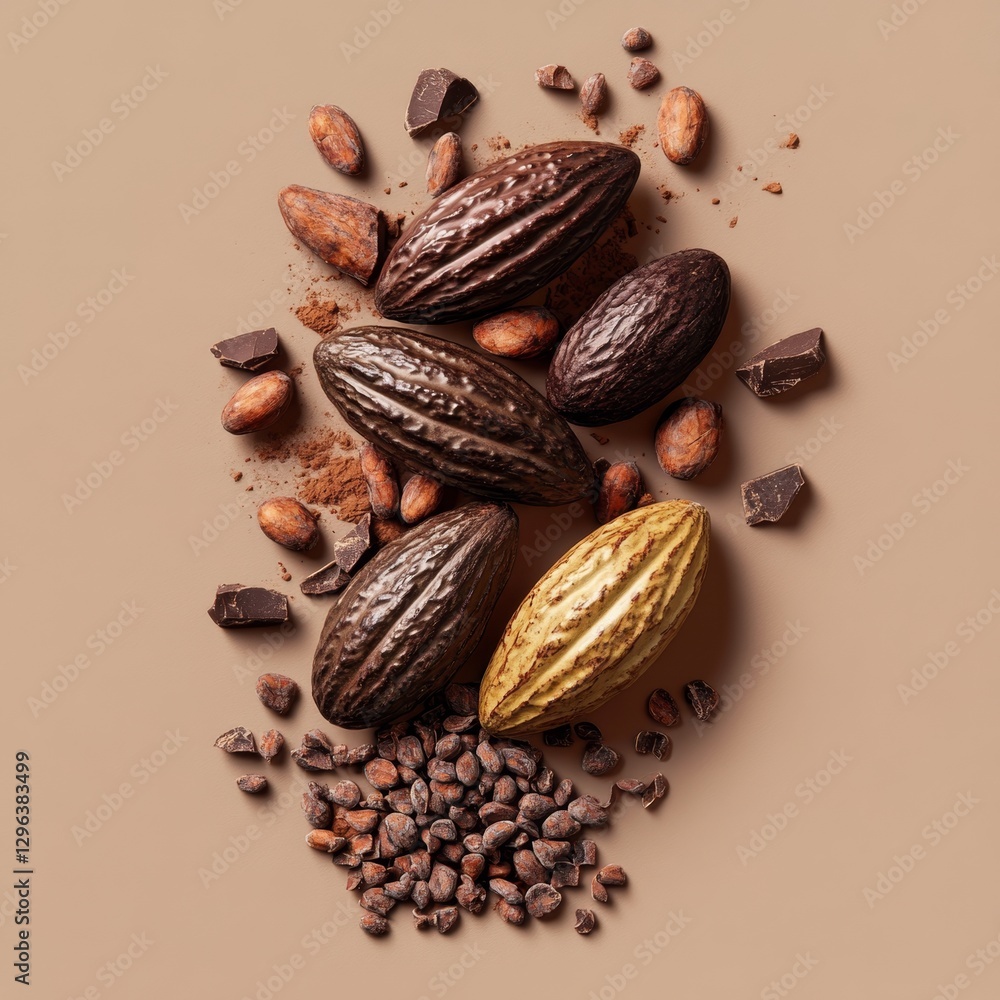 Poster flat lay arrangement of cacao pods and cocoa beans in 3d display