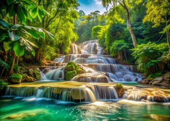 Fototapeta premium Dunn's River Falls Jamaica: Lush Jungle Waterfall Cascade Stock Photo