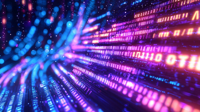 Abstract Futuristic Digital Data Stream Neon Binary Code Glowing Lines Technology Background - Powered by Adobe