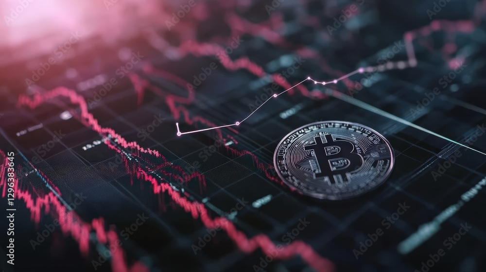 Aufkleber bitcoin cryptocurrency coins stacked on a dark surface with digital graphics background and glowing 