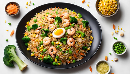 Shrimp Fried Rice with Broccoli and Vegetables in a Black Bowl