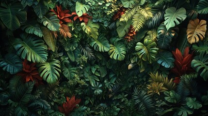 Lush tropical foliage wall, vibrant green leaves, red accents.