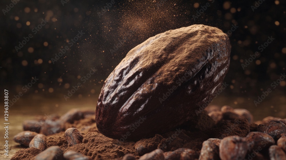 Poster hyperrealistic 3d cacao bean with cocoa powder dust effect