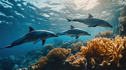 Obraz premium Three Dolphins Gracefully Swimming Above a Vibrant Coral Reef