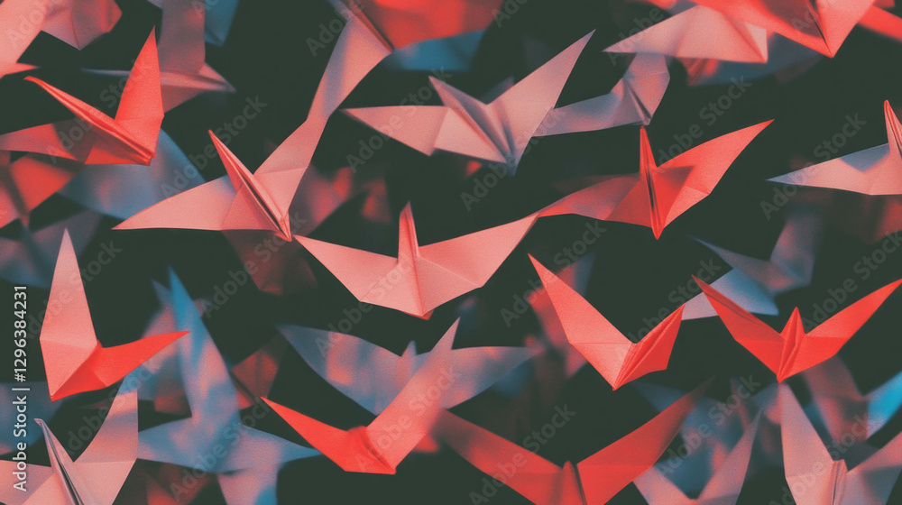 Poster vibrant origami cranes pattern with abstract paper texture for creative design