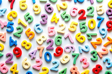 Colorful numbers scattered on white background.
