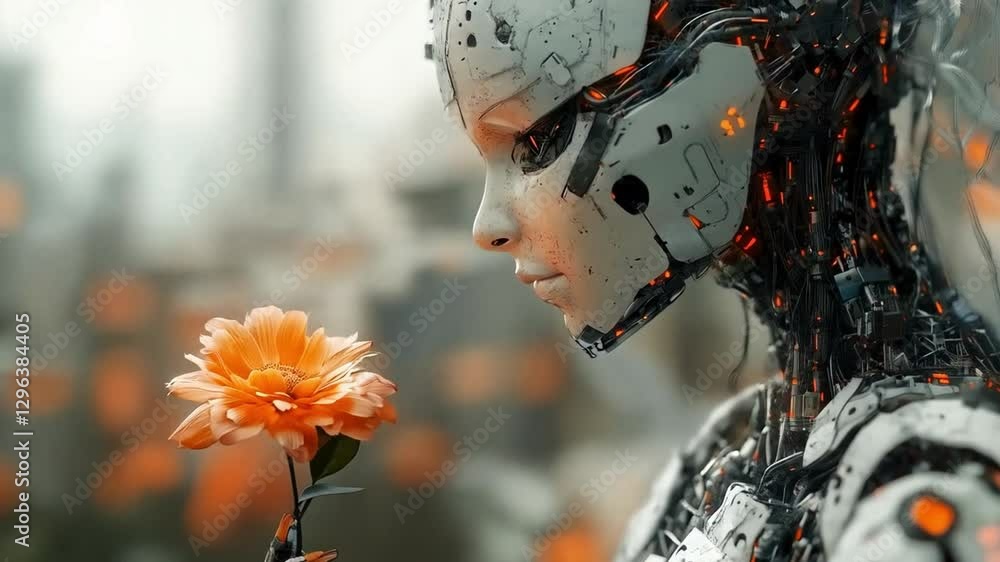 Aufkleber a cyborg with intricate robotic features gently holds a vibrant flower, reflecting a blend of techno