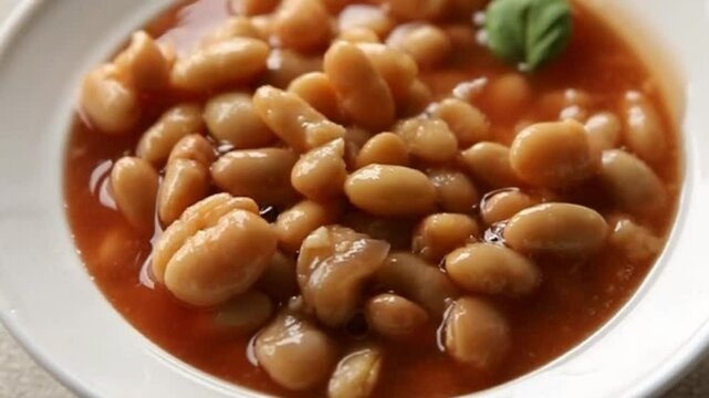 White bean tomato sauce delicious gourmet food background on the table rustic food top view copy space keto and paleo diet vegetarian and vegan food