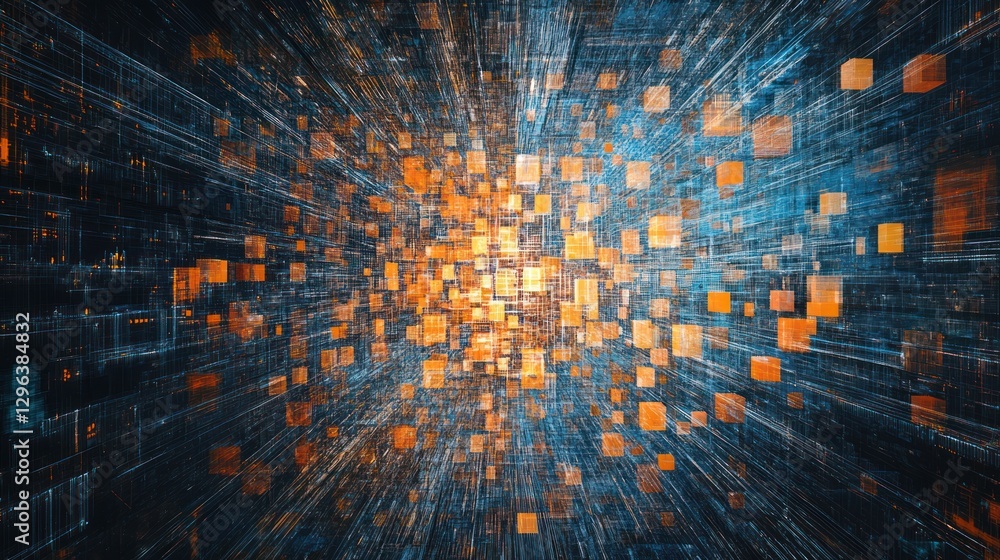 Poster abstract data cubes exploding, digital space, technology background, web design