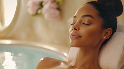 A close-up portrait reveals a serene beauty, as a woman relaxes in a luxurious spa salon, receiving a rejuvenating facial treatment. Her elegant posture and radiant complexion exude health and