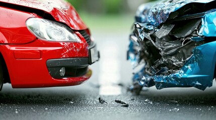 Head-On Collision of Red and Blue Cars with Severe Damage