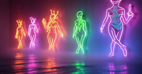 Fototapeta premium Neon sign celestial beings glowing spiritual alien figures floating ethereal cosmic dance bright colorful realistic photo