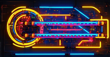 Neon sign automated future robotic conveyor belts pulsing data streams futuristic interfaces bright colorful realistic photo