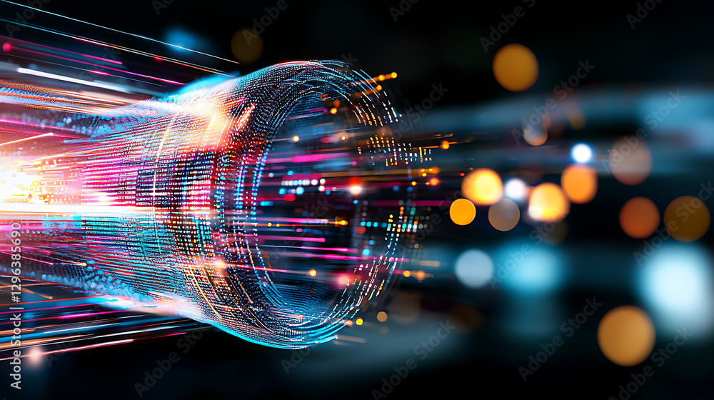 Poster dynamic light trails digital space abstract art vibrant colors close-up view motion and technology c