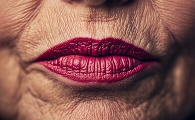 Obraz premium Close-Up of Elderly Womans Lips with Red Lipstick