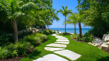Fototapeta premium Tropical garden pathway with areca palm trees coastal location nature scene daylight view