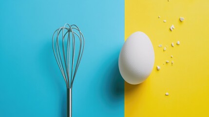 Colorful egg and baking utensils set against contrasting background colors.