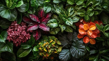 Lush vibrant green foliage wall with red, orange and pink plants.