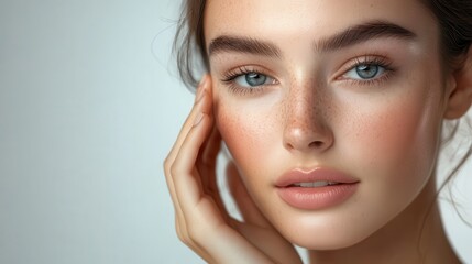 Fototapeta premium A radiant woman, adorned with a touch of natural makeup, gently strokes her flawless skin, showcasing the beauty that radiates from within and without.