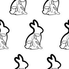 seamless pattern with an Easter bunny sitting on its hind legs and turned to the right on its paws and daisy buds in line art style, for logos and various designs