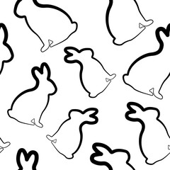 seamless pattern with easter bunny sitting on hind legs in line art style arranged chaotically, for logos and various designs
