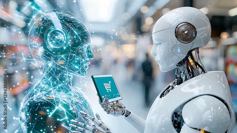 Poster futuristic robots interacting in a high-tech retail environment virtual shopping experience digital 