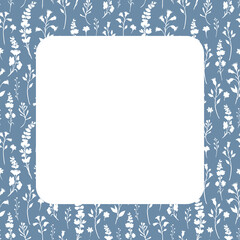 Blue round frame of white silhouettes of vertically lying wildflowers 