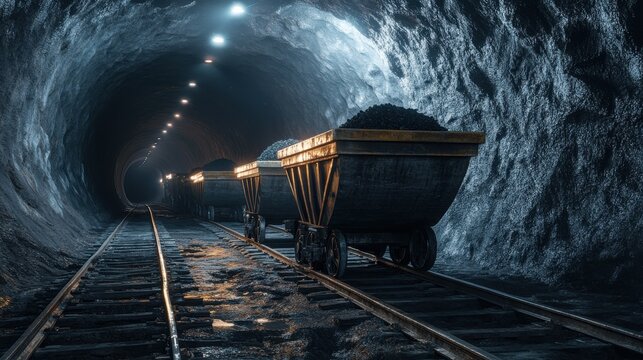 Illustration of three mining carts filled with coal inside a dark tunnel, showcasing industrial mining equipment underground. Sunpetal. Illustration