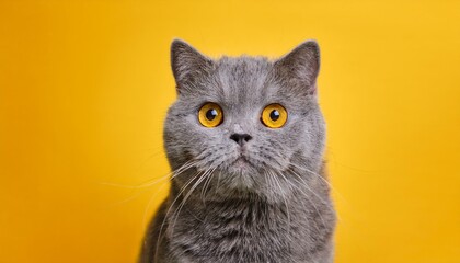 adorable gray scottish cat with big expressive yellow eyes gazing at the camera on a vibrant yellow background concept of pet care veterinary services animal products marketing