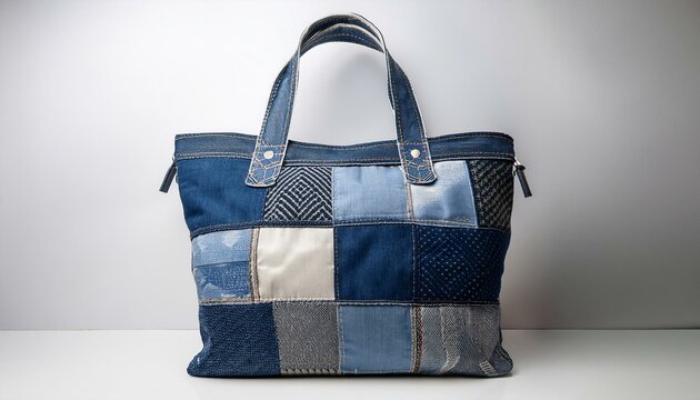 a sleek denim and canvas tote bag with monochromatic patchwork photographed on a white background for a modern and clean presentation