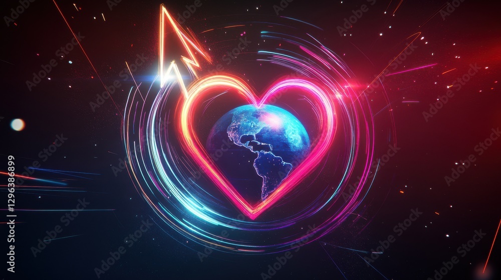 Poster a glowing neon heart with an arrow points upwards, encircling a globe on a dark background. bright s