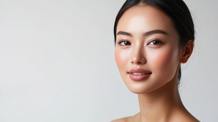Obraz premium A radiant young Asian woman, her skin flawless and free of imperfections, stands against a stark white backdrop, a canvas for the artistry of beauty and spa treatments. Her serene expression exudes
