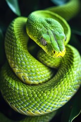 Close-up image of a venomous snake with scales, tongue, and eyes clearly visible.