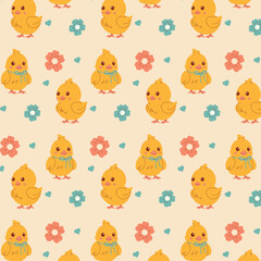 A seamless Easter pattern featuring adorable yellow chicks with bows, surrounded by flowers and hearts. Perfect for greeting cards, wrapping paper, fabric, invitations, and festive designs.