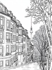 Germany berlin line landscape, city panoramic houses. Panorama berlin city, illustration of downtown outline berlin