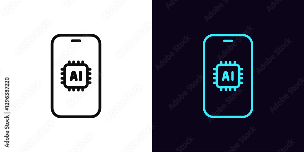 Poster outline ai phone icon, with editable stroke. smartphone with inbuilt ai features, integrated assista