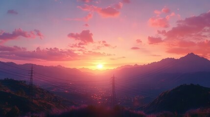 Fototapeta premium a vibrant sunset over mountain ranges, with high voltage power lines stretching across the horizon