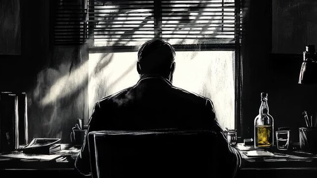 A noir detective office scene with a half-empty whiskey bottle on a desk. Dramatic lighting.