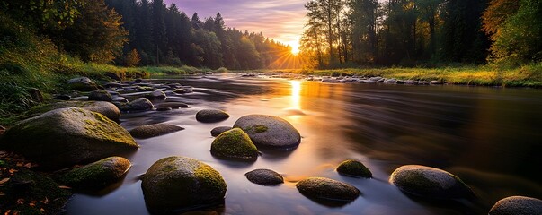 Serene river flows through a forest as the sun sets
