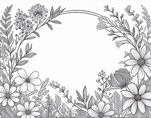 hand drawn floral frame with delicate blooming flowers garden and meadow plants elegant  illustration in line art style