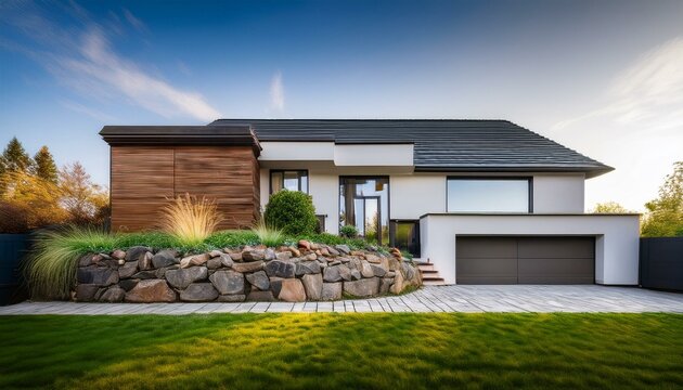 a simple minimalist house facade with a rough stone foundation symbolizing resilient and sustainable architectural design