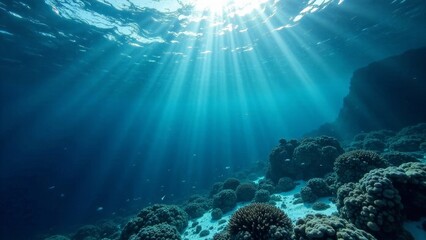 Fototapeta premium Sunbeams Illuminate Vibrant Underwater Coral Reef Ecosystem
