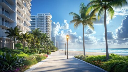 Fototapeta premium Sunny coastal boardwalk with palm trees, ocean, and luxury condos.