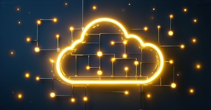 Neon sign data cloud floating digital network bright glowing nodes interconnected beams colorful realistic photo