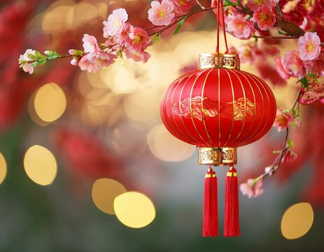 red chinese lantern with gold detailing and tassels hanging on floral branches with glowing bokeh background