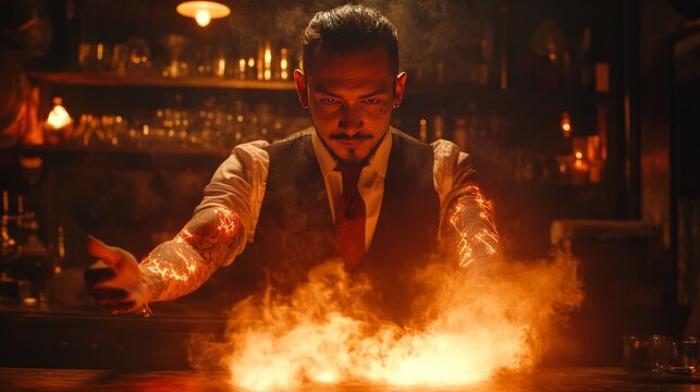 A magician with glowing tattoos performing tricks in a smoky bar  - Powered by Adobe