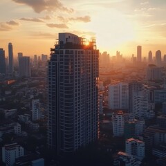 a modern apartment in Bangkok, its sleek architecture highlighted by the soft glow of the setting sun